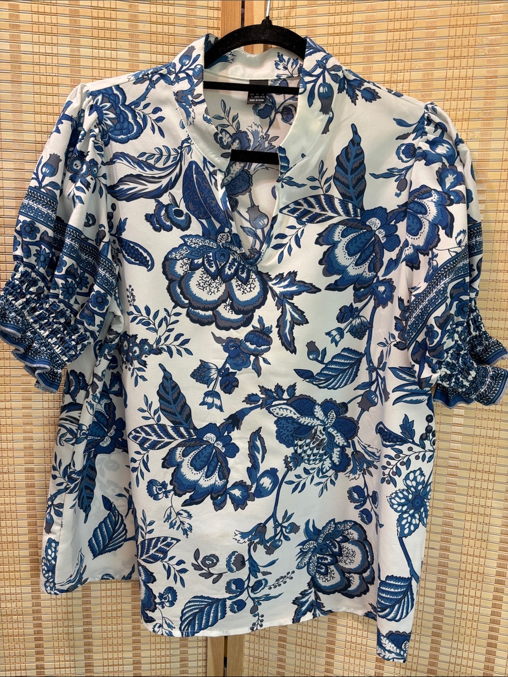 SHEIN White Top with Blue Floral Print and Smocked Short Sleeves